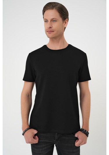Comfort Fit Bisiklet Yaka Esnek Pamuk Casual Siyah Tişört Ts 885 Siyah