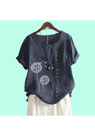 Kadın Günlük Çiçek Baskılı Bol Bluz Bayan Pamuk Keten Üst Moda Kısa Kollu Tişört Lacivert