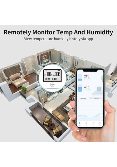Supermarket1 Akıllı Wifi Sıcaklık Nem Sensörü - Dijital Ekranlı, Uzaktan Algılayıcı, Alarmlı