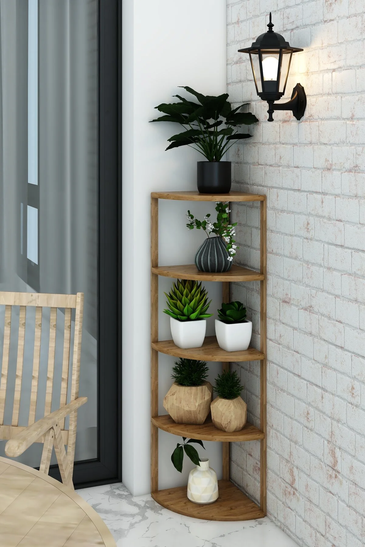 Zümrüt 5 Katlı Üçgen Ahşap Çok Amaçlı Sehpa / Saksılık-çiçeklik / Dekoratif Raf Atlantik Çam