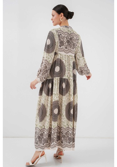 Gabria Ön Düğmeli Desenli Viskon Elbise Bej - Kahverengi