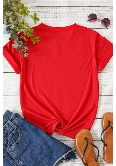 Unisex Baskılı Kısa Kol T-shirt Kırmızı