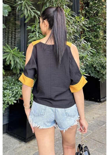 Kadın Siyah Omuz Dekolteli Kısa Kol, Salaş Keten Bluz Siyah