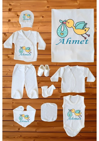 %100 Pamuk Baskılı 10 Lu Isimli Organik Bebek Hastane Çıkışı Beyaz