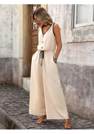 Defymoda Kadın Askıdan Bağlamalı V Yakalı Belden Süs Bağcıklı Tulum Bej