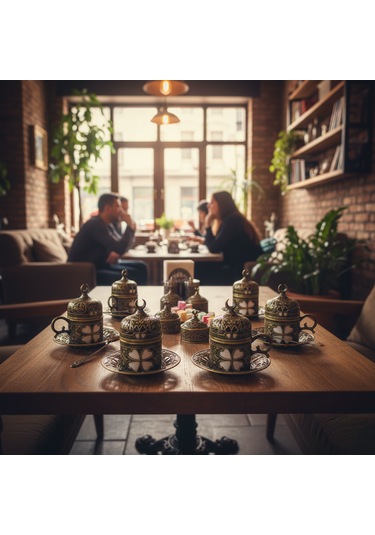 Yonca Desenli 6 Kişilik Porselenli Kapaklı 24 Parça Antik Renk Fincan Seti Yeşil - Sarı