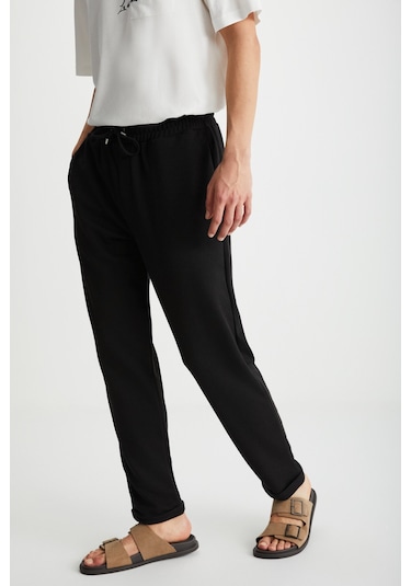 HUXLEY Erkek Regular Boru Paça Normal Bağcıklı Bel Organik Pamuk Yan Cepli Siyah Pantolon