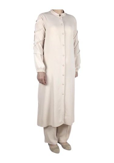 Kadın Önü Düğmeli Kolları Lastikli Pantolon Beli Lastikli Ayrobin Takım Krem