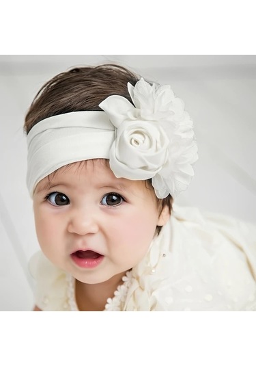 Elmpaly Beyaz Yenidoğan Baş Bandı - Yumuşak Ayarlanabilir Büyük Çiçek Desenli Beyaz