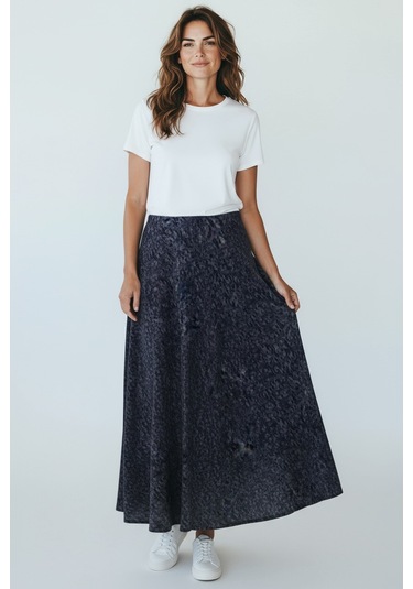 Kadın Beli Lastikli Desenli Sekiz Parça Balık Etek Mavi