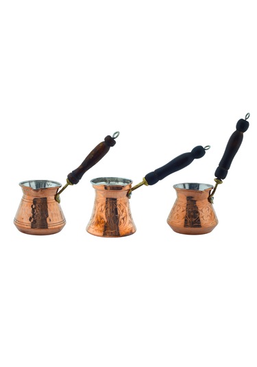 Ludıa Otantik İşlemeli 3 Adet El Yapımı Eskitme Bakır Cezve Set