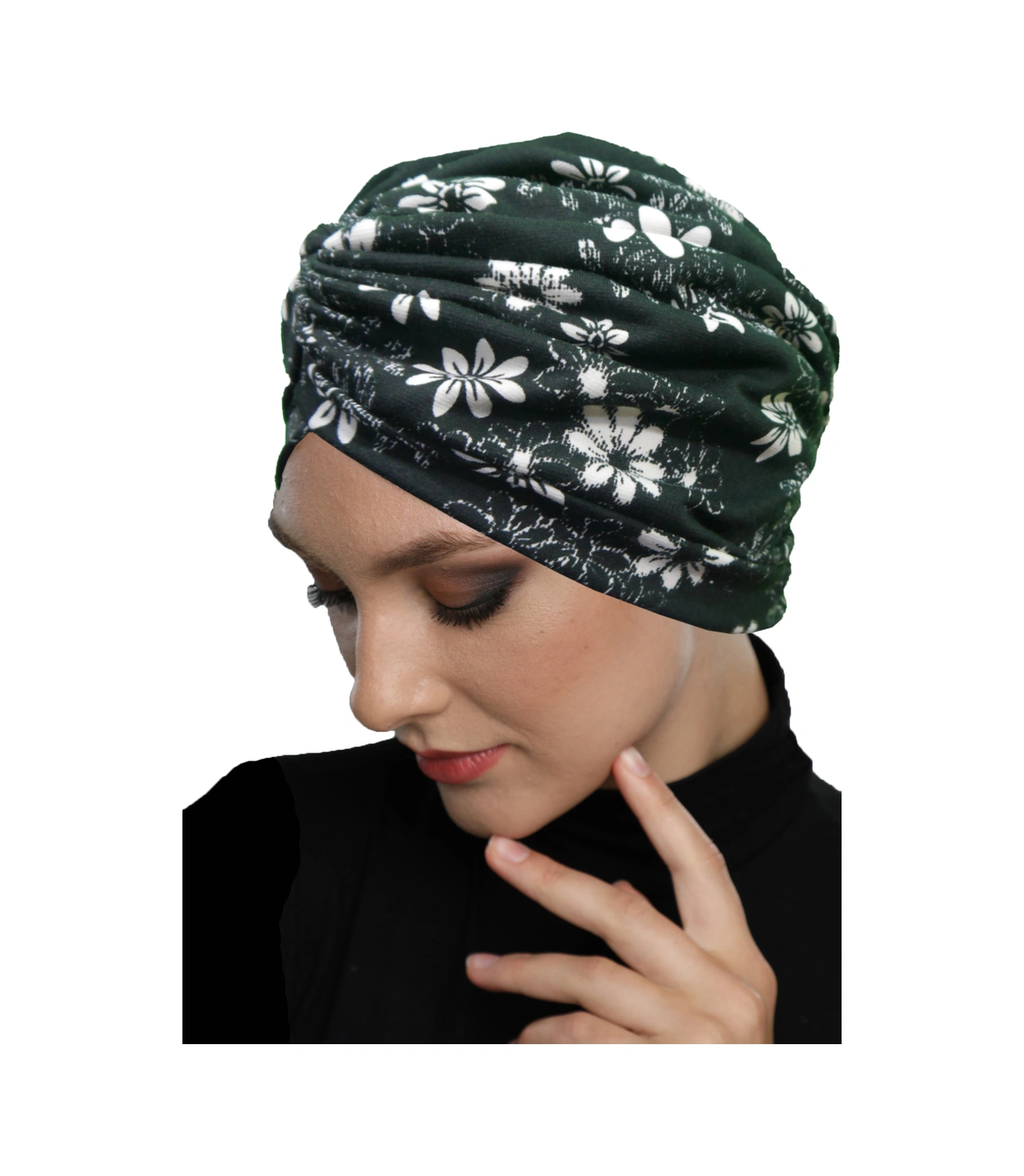 Midnight Blossom Desenli Çapraz Ve Bant Detaylı Astarlı Hazır Türban Tesettür Havuz Bonesi Siyah-ekru