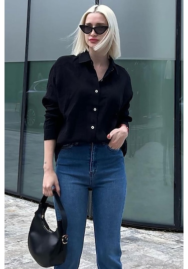 Madmext Siyah Muslin Kumaş Basic Kadın Gömlek Mg1660 Siyah