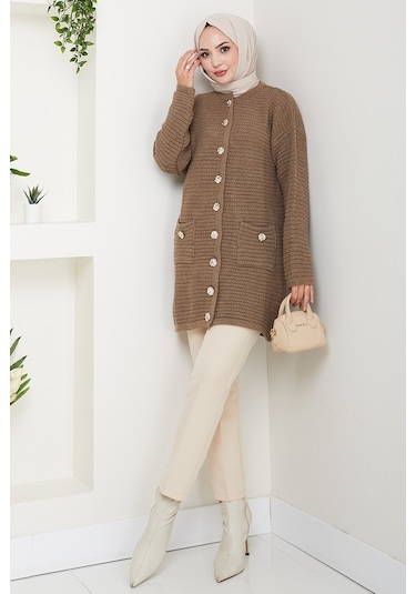 Lezgi Düğmeli Triko Hırka 1599 - Açık Kahve Sütlü Kahve