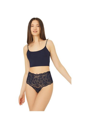 Lacivert Dantelli Lastik Detaylı Yüksek Bel Kadın Tanga Külot Lacivert