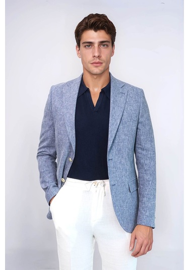 Koyu Mavi Keten Dokulu Gold Renk Metal Düğmeli Slim Fit Erkek Blazer Ceket - Wessi Navy Blue