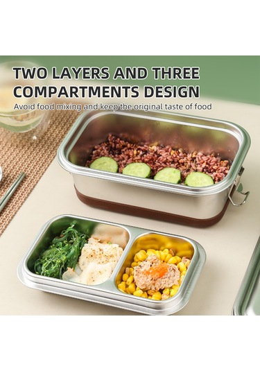 Leezsing 304 Paslanmaz Çelik Öğle Yemeği Kutusu Çift Katmanlı 3 Bölmeli 1.2l Dikdörtgen Bento Kutusu Silikon Tabanlı