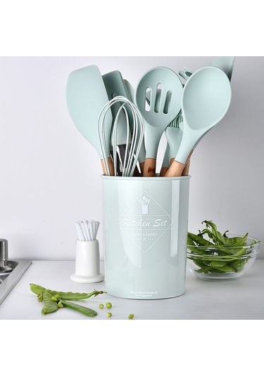 9 Parça Mutfak Aletleri Seti Silikon Mutfak Gereçleri Seti Ahşap Saplı Pişirme Seti Şef Yapışmaz Pişirme Eşyaları Mutfak Aletleri Yeşil