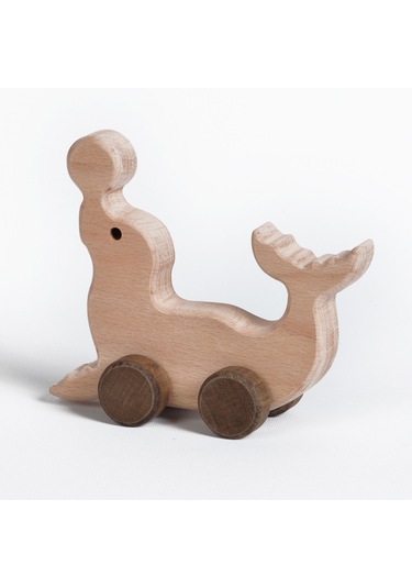 Ahşap El Yapımı Doğal Montessori Yunus Balığı Tekerlekli Oyuncak