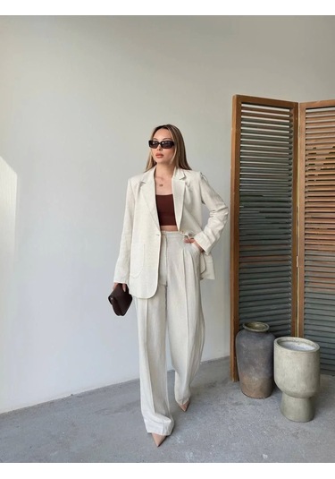 Keten Ceket Pantolon İlik Düğmeli Uzun Kollu Yırtmaçlı İkili Takım - Beyaz Beyaz