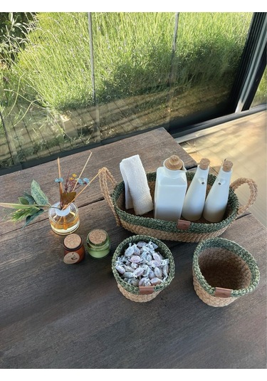 3'lü Düzenleyici Sepet Set Leke Tutmaz Yeşil-natural Natural