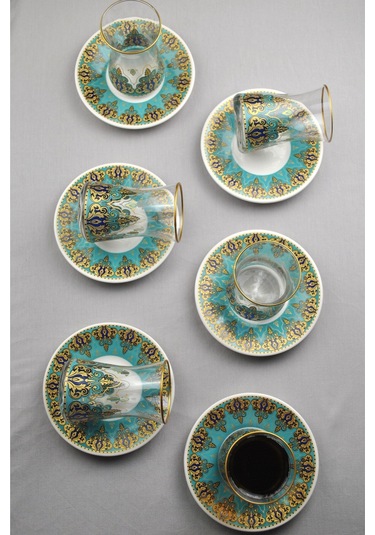 12 Parça 6 Kişilik Lüx Cam Çay Seti Gold Detaylı Altın Renk İşlemeli Lüks Çay Takımı Turkuaz