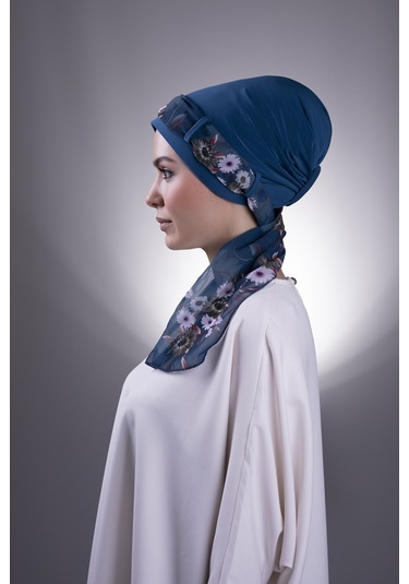 P. Mavisi Pratik Hazır Geçmeli Tesettür Bone Sandy Kumaş Desenli Şifon Kemerli 1205d 17 Petrol Mavisi