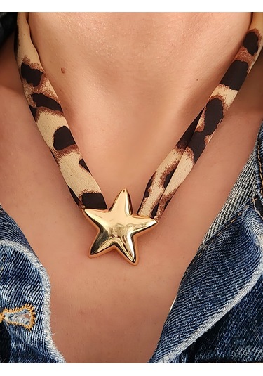 Leopar Desen Bombeli Yıldız Model Kumaş Detaylı Kolye 46cm Kahverengi - Siyah