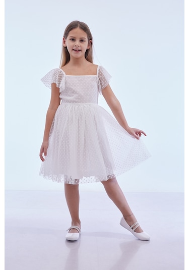 Ahengim Kız Çocuk Kare Yaka Trend Tül Elbise Ak2242 Beyaz