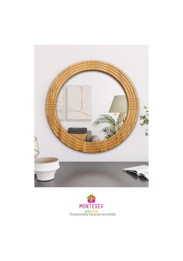 Safir Ahşap Dekoratif Ayna Yuvarlak Ayna Işlemeli Ahşap Duvar Aynası - 69 Cm Ceviz