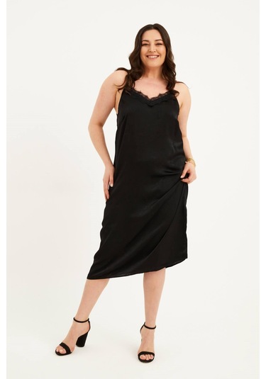 Saten Dantelli Arkası Çapraz Midi Elbise-1520 Siyah