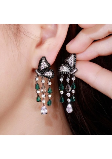 Novahub Sarı Altın Kelebek Küpe, Damla Püskül, Siyah Altın Renk, Kadın, 4.7 Cm Çok Renkli