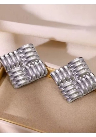 Vintage Kare Doku Geometrik Çelik Küpe Gümüş