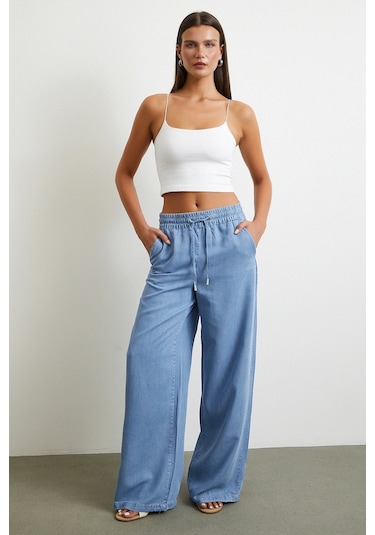 Never More Beli Lastikli Bağcıklı Geniş Paça Pantolon Mavi Mavi