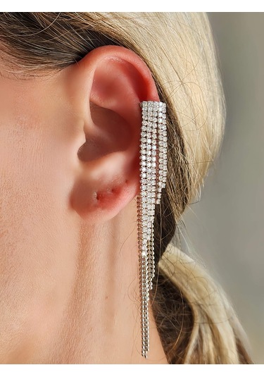 Eva Takı Store Kristal Taşlı Zincir Sallantılı Deliksiz Kıkırdak Silver Renkli Küpe Gümüş
