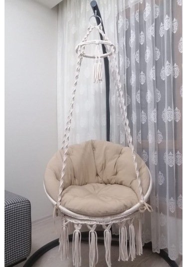 Tek Kişilik Makrome El Örgüsü Salıncak Krem Minder Ve Askı Demiri İle - Mis38003ma Krem