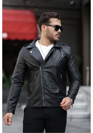 Erkek Çapraz Fermuarlı Deri Ceket Siyah