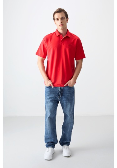 Tommy Life Fiesta Pamuklu Kalın Yumuşak Dokulu Polo Yaka Oversize Fit Basic Erkek T- Shirt - 88382 Kirmizi