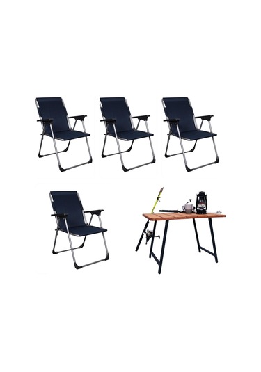 Alin Metal Lüks 4''lü Katlanır Sandalye Ve Masa Seti Lacivert Lacivert