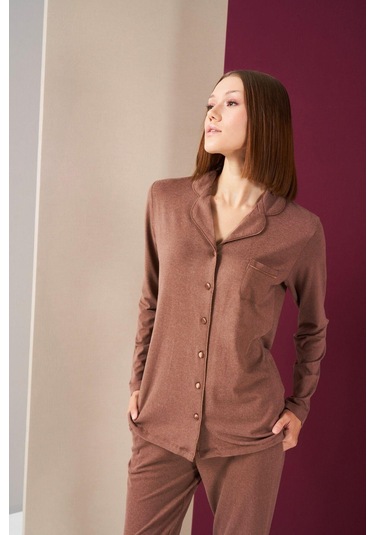 Pjs 26032 Kadın Boydan Düğmeli Patlı Uzun Kol Pijama Takım Karamel