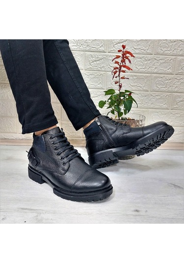 M.P 4201 Siyah Hakiki Deri Bağacaklı Fermuarlı Fuspetli Erkek Bot 001