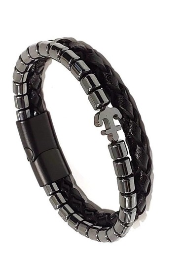 Çıpa Figürlü Hematit Doğaltaş&%100 Deri Siyah Erkek Bileklik 21cm Siyah