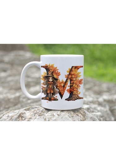 M Harf Sonbahar Yaprak Temalı Kupa Bardak - Sevimli Figürler İle Alfabe Harfli Bardak - Kişiye Özel Beyaz