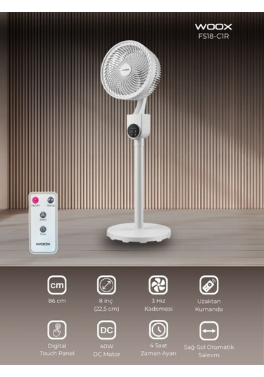 Woox 8 Inch Otomatik Sağ Sol Salınımlı Uzaktan Kumandalı Dokunmatik Ekran 86 Cm Zaman Ayarlı Vantilatör
