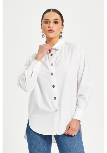 Kadın %100 Koton Oversize Gömlek Taş Düğme Detaylı Uzun Kollu Şık Model Beyaz