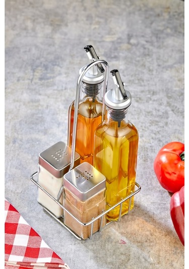 Cooker 5 Parça Standlı Cam Yağdanlık Sirkelik Sosluk Baharatlık Seti Ckr2957 Gri