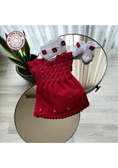 Uretti - Talia 8659 - 8853 El Örgüsü Kız Çocuk Elbise - Bandana - Patik Üçlü Takım - 0 / 9 Ay Kırımızı - Beyaz