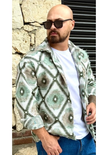 Serseri Jeans Erkek Etnik Desen Gömlek Yeşil