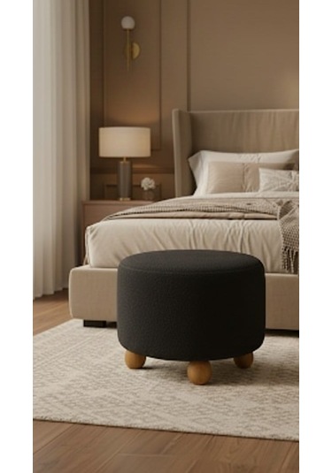 Polo Peluş 45 X 45 Cm Doğal Gürgen Topuz Ayaklı Çok Amaçlı Puf Koltuk Siyah Gri