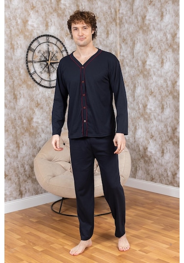 Erkek Boydan Düğmeli Yüksel Kalite Pamuk Pijama Takımı 16511 Lacivert